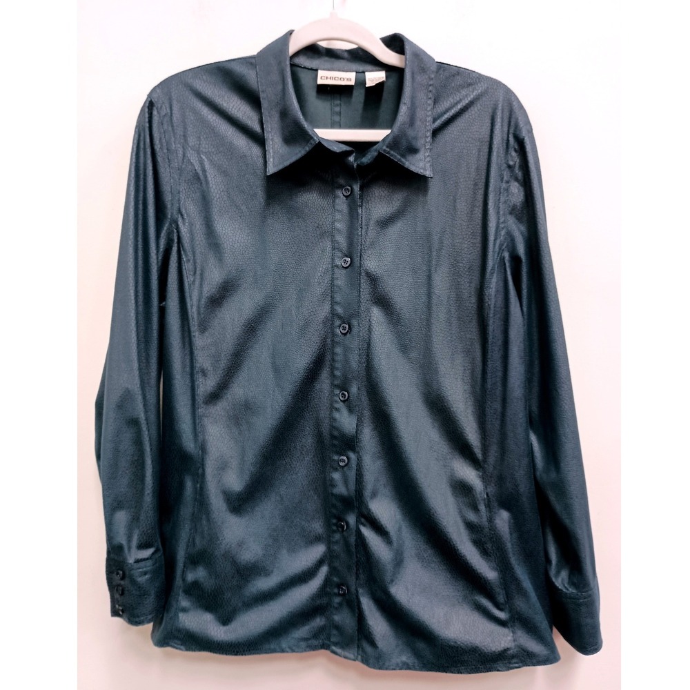 Chicos Button Down Shirt Womens XL Teal Snakeskin Faux Leather Long Sleeve Top